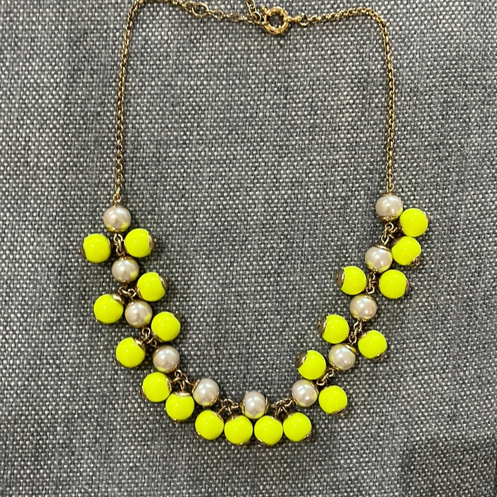 J. Crew vintage lime green, pearl, and gold dangle necklace